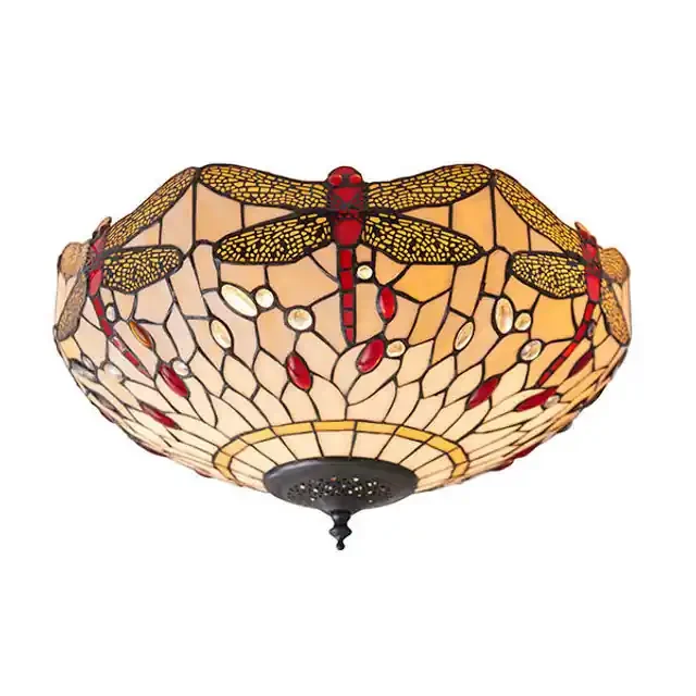 Dragonfly 2 Light Dark Bronze with Beige Medium Tiffany Flush Ceiling Light
