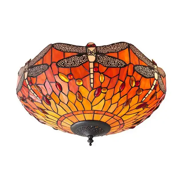 Dragonfly 2 Light Dark Bronze with Flame Medium Tiffany Flush Ceiling Light