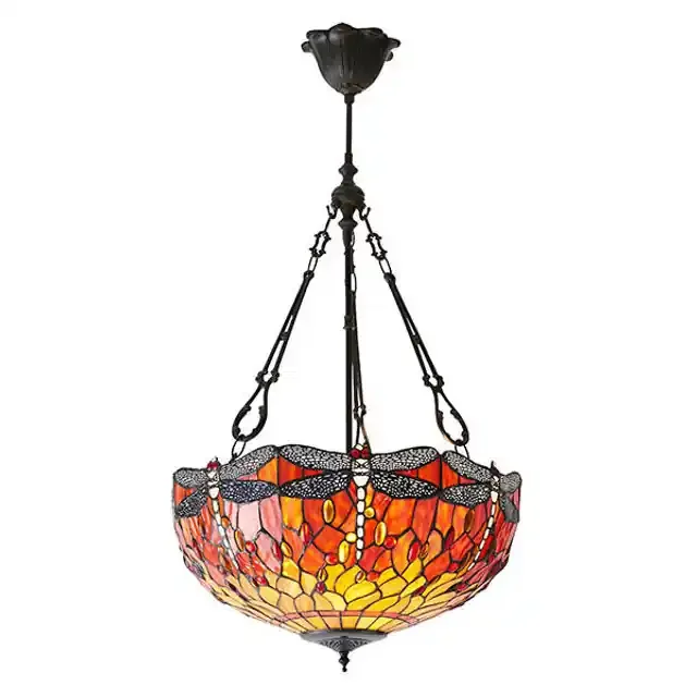 Dragonfly 3 Light Dark Bronze with Flame Large Inverted Tiffany Pendant Light