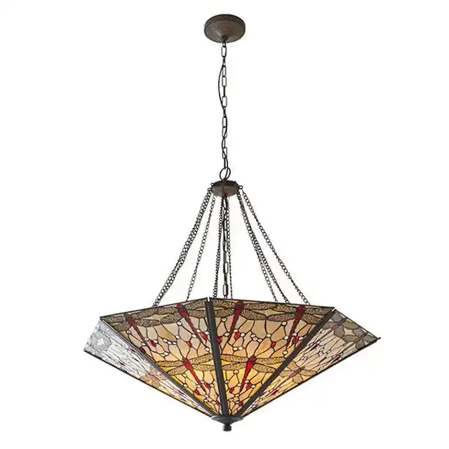 Dragonfly 8 Light Dark Bronze with Beige Tiffany Pendant Light
