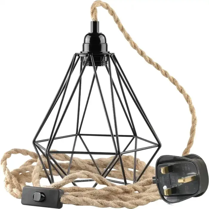 E27 Natural Hemp Rope Code With Plug In Pendant Lamp Light