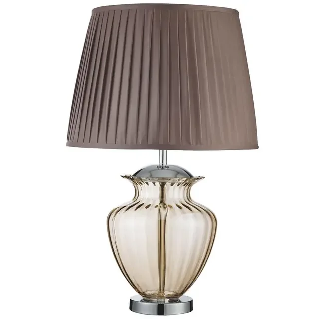 Elina Chrome with Amber Glass and Brown Pleated Shade Table Lamp