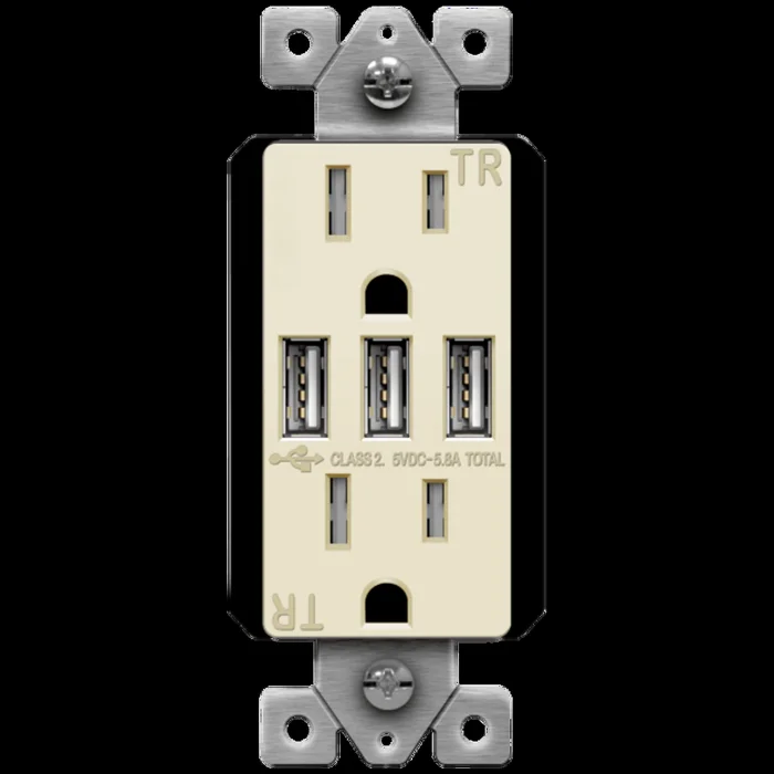 Enerlites 61501-TR3USB-CC-LA 15A Tamper Resistant Duplex Receptacle, (3) 5.8A USB Type A, Interchangeable Face Plates, Light Almond