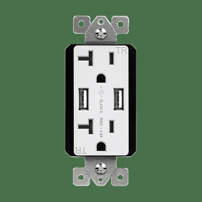 Enerlites 62001-TR2USB-CC-W 20A Tamper Resistant Duplex Receptacle, (2) 4.8A USB Type A, Interchangeable Face Plates, White