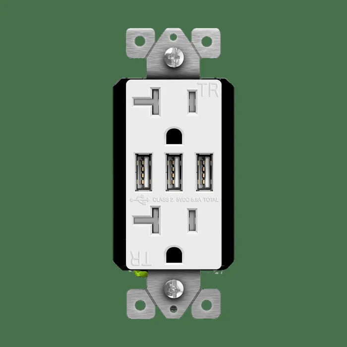 Enerlites 62001-TR3USB-CC-W 20A Tamper Resistant Duplex Receptacle, (3) 5.8A USB Type A, Interchangeable Face Plates, White