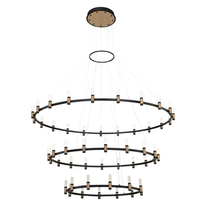 Eurofase Lighting 37046-019 Albany 60″ 3-Tier Round LED Chandelier, 230W, 4735 Lumens, 3000K, Deep Black and Brass