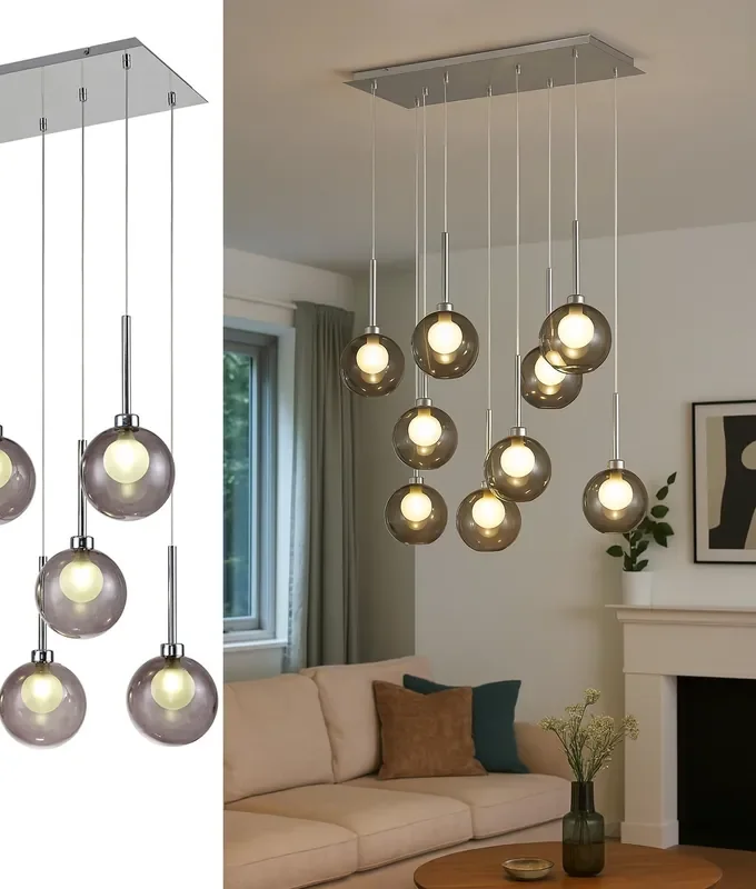 Flush Mounted 8 Light Pendant with Smoke & Opal Glass Shades