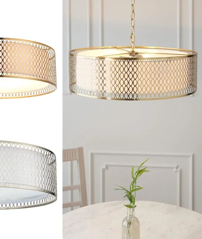 Fretwork Drum Pendant with Glass Diffuser – Satin Nickel or Gold
