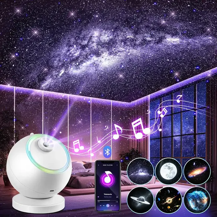 Galaxy Projector with 6 HD Films, Bluetooth, 10 Lullabies & Northern Lights – Cordless Night Light for Kids & Room Décor