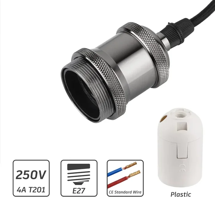 Glirowy Vintage Ceiling Pendant Light Fitting with Braided Flex E27 Lamp Holder, Copper Ceiling Rose and 1.1M Adjustable Cable – Black