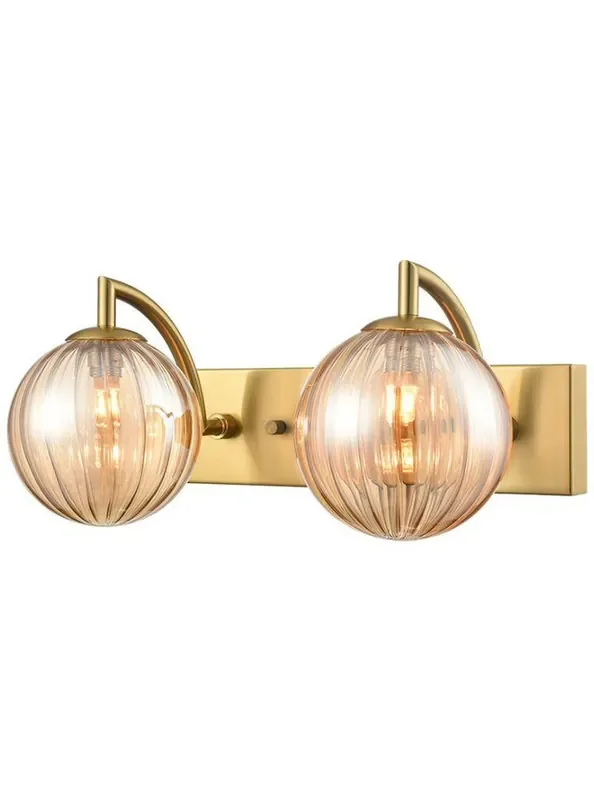 Globe 2 Light Aged Brass with Amber Ribbed Sphere IP44 Bathroom Wall Light