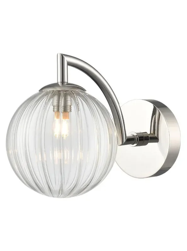 Globe Polished Nickel with Clear Ribbed Sphere IP44 Bathroom Wall Light