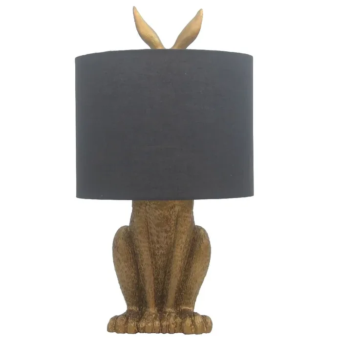 Gold Resin Hiding Hare Table Lamp with Black Drum Shade 46cm
