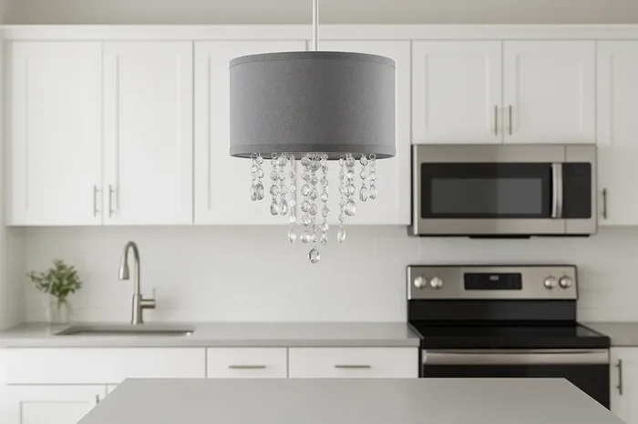 Grey Fabric Acrylic Jewel Droplet Drum Pendant Shade