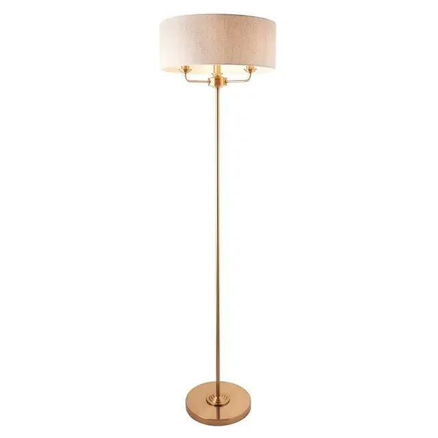 Highclere 3 Light Vintage Brass with Natural Shade Floor Lamp