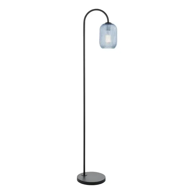Idra Satin Black with Blue Ribbed Glass Floor Lamp
