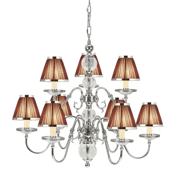 Interiors 1900 63717 Tilburg Nickel 9 Light Chandelier & Chocolate Shades