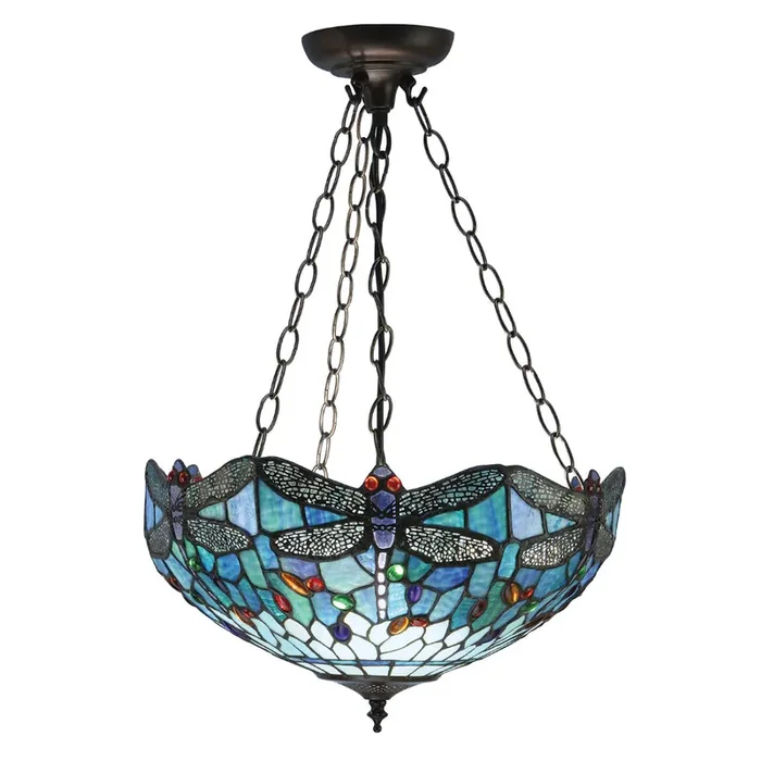 Interiors 1900 64075 Dragonfly Blue Medium Inverted 3 Light Tiffany Pendant Ceiling Light