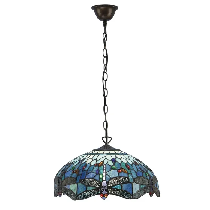 Interiors 1900 64080 Dragonfly Blue Medium 3 Light Tiffany Pendant Ceiling Light