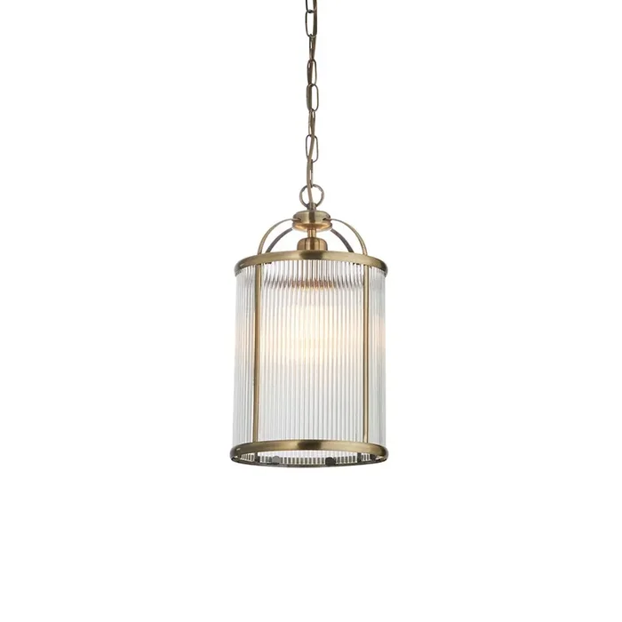 Lambeth Ceiling Light Pendant Lantern With Antique Brass Framework and Ribbed Glass Panel Shade, 1x E27
