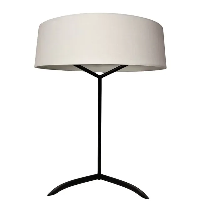 LED Black Metal Tripod Table Lamp with Cream Cotton Drum Shade 50cm