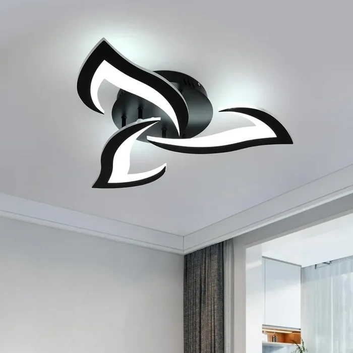 LED Ceiling Light – 36W 3240LM Modern Black Flower Design, 3-Light Acrylic Ceiling Fixture, 6500K Cool White for Living Room, Bedroom, Kitchen, Dining Room