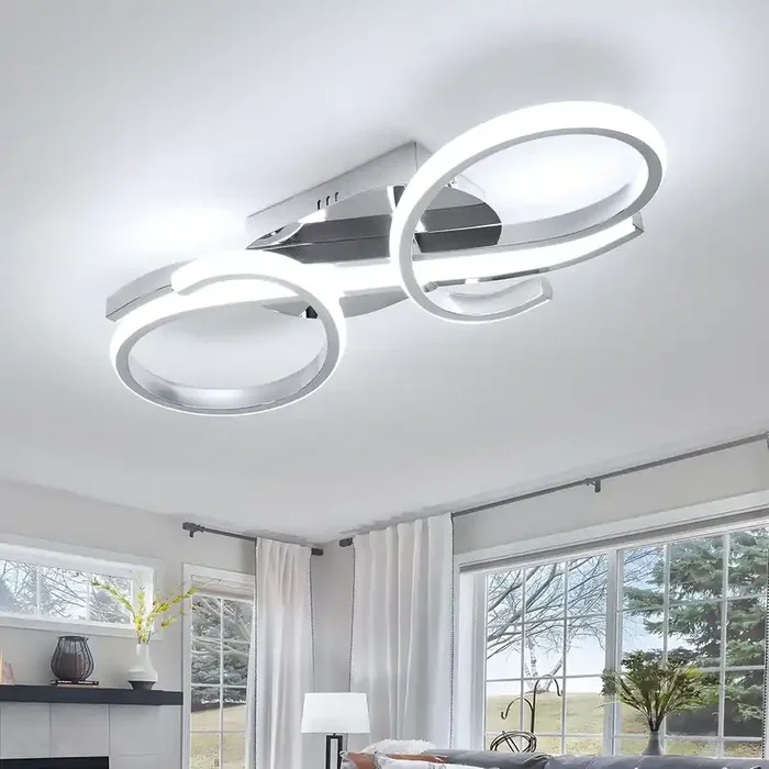 LED Ceiling Light 36W, 3350LM Cool White 6500K, Modern Curved 3-Ring Chrome Ceiling Lamp, Elegant Semi Flush Mount Lighting Fixture for Bedroom, Kitchen, Hallway, Living Room