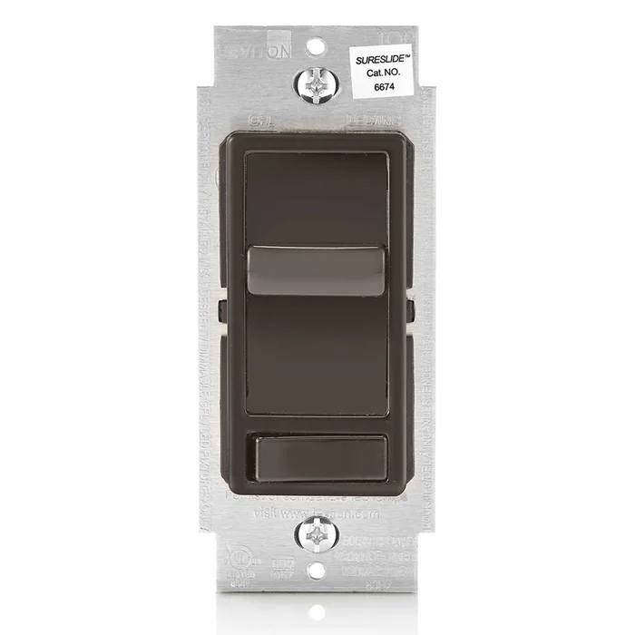Leviton 6674-P0B Decora SureSlide Dimmer, 3-Way, 150W LED/CFL, 600W Incandescent/Halogen, Brown