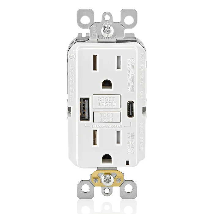 Leviton GUAC1-W 15A Smartlock Pro Self-Test GFCI Receptacle with 24W (4.8A) USB Type A/Type C In-Wall Charger, White