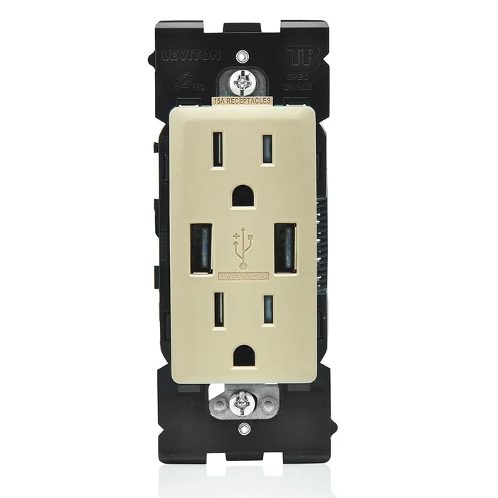 Leviton RUAA1-CA 3.6A USB Type-A/Type-A Wall Outlet Charger with Tamper Resistant 15A Receptacle, Cafe Latte