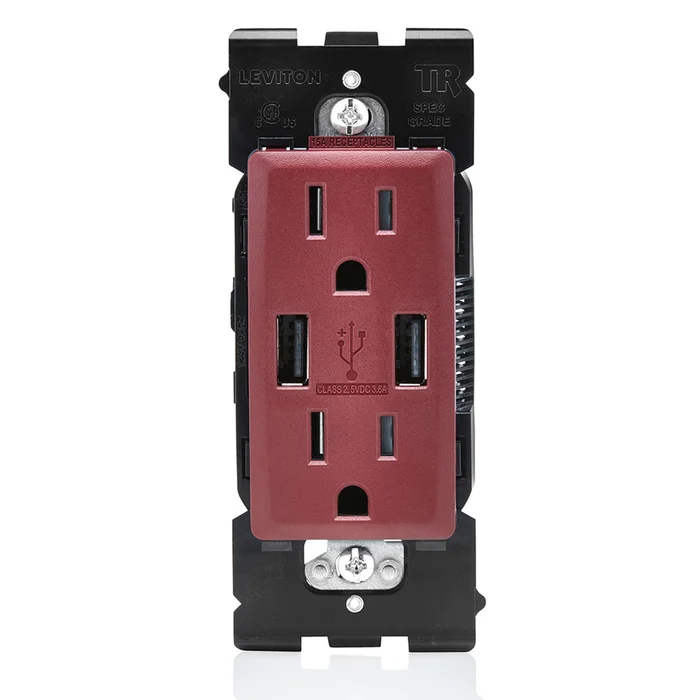 Leviton RUAA1-DG 3.6A USB Type-A/Type-A Wall Outlet Charger with Tamper Resistant 15A Receptacle, Deep Garnet