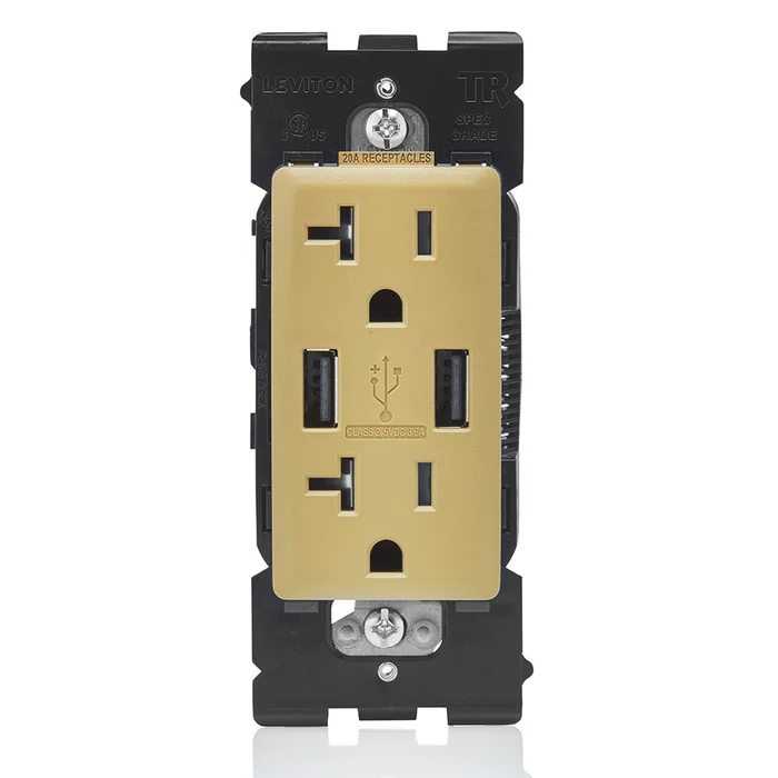 Leviton RUAA2-WC 3.6A USB Type-A/Type-A Wall Outlet Charger with 20A Tamper Resistant Receptacle, Warm Caramel