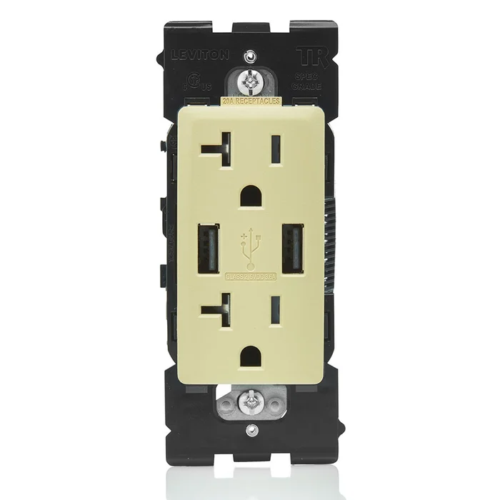 Leviton RUAA2-WG 3.6A USB Type-A/Type-A Wall Outlet Charger with 20A Tamper Resistant Receptacle, Whispering Wheat