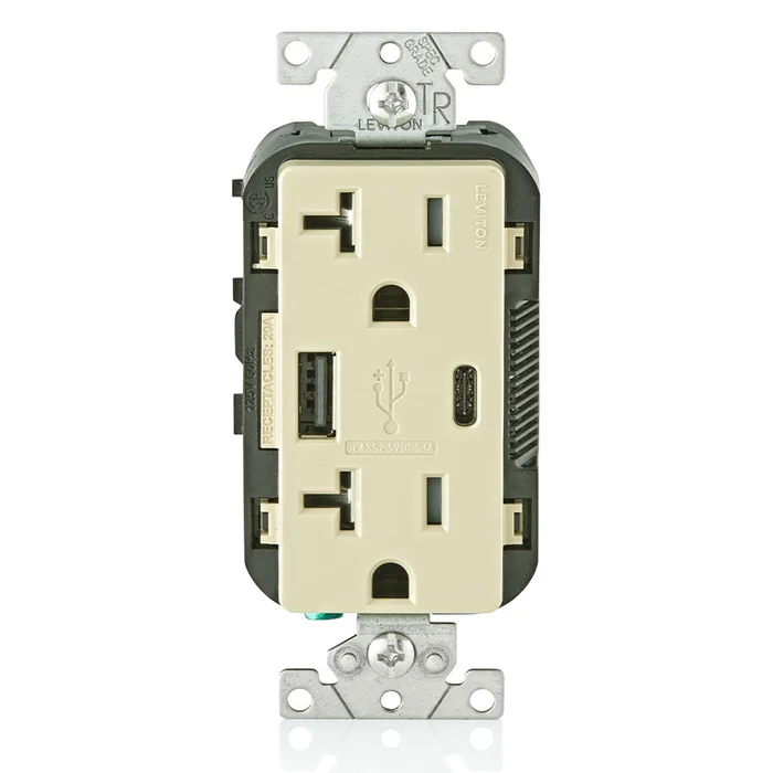 Leviton T5833-I 20A Tamper Resistant Duplex Receptacle with 5.1A USB Type A/Type C In-Wall Charger, Ivory