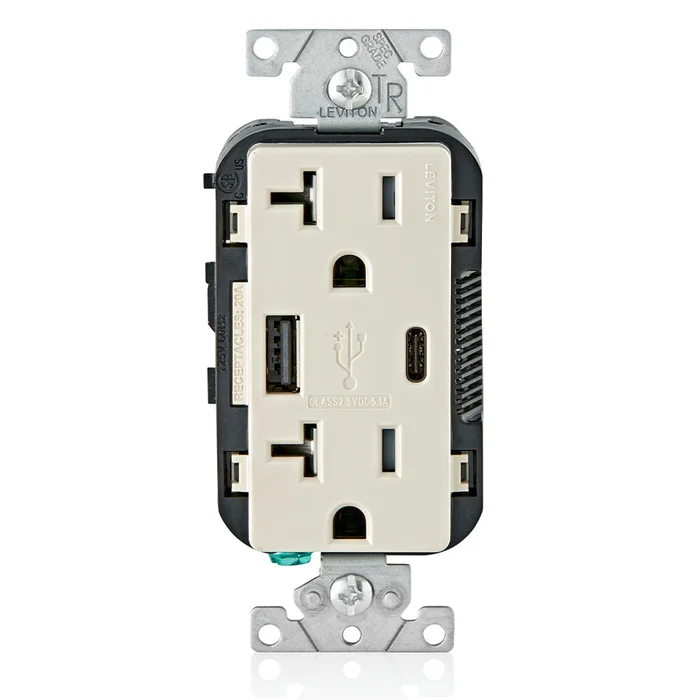 Leviton T5833-T 20A Tamper Resistant Duplex Receptacle with 5.1A USB Type A/Type C In-Wall Charger, Light Almond