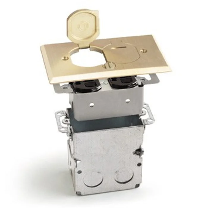 Lew Electric SWB-2-LR Recessed Floor Box Kit with Box, Plate, 15A Tamper Resistant Duplex Receptacle, and 2 Flip Lids, Brass