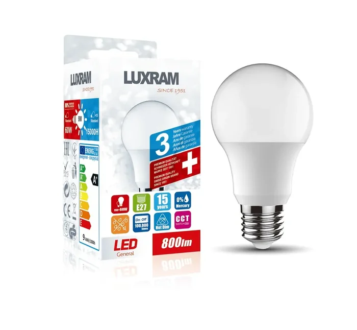 Luxram CCT LED GLS 9W Switchable White 2700K/4000K/6400K 800lm 3yrs Warranty • 1202036
