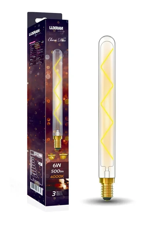 Luxram Classic Deco LED 280mm Tubular E14 Dimmable 6W 4000K Natural White, 500lm, Clear Glass, 3yrs Warranty • 703391162