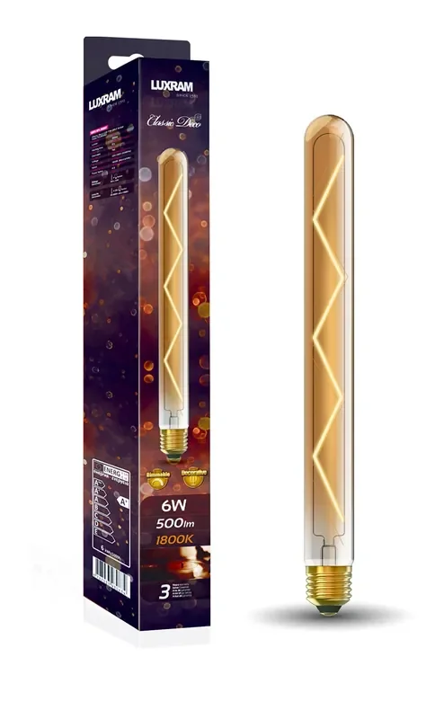 Luxram Classic Deco LED 280mm Tubular E27 Dimmable 6W Warm White 1800K, 500lm, Gold Glass, 3yrs Warranty • 703392063