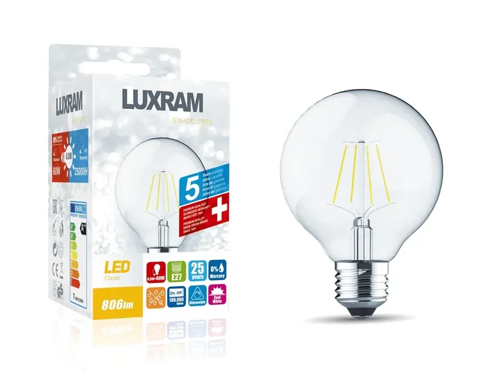 Luxram Classic LED Globe 80mm E27 6.5W 4000K Natural White 806lm Dimmable Clear Finish 3yrs Warranty • 1411073