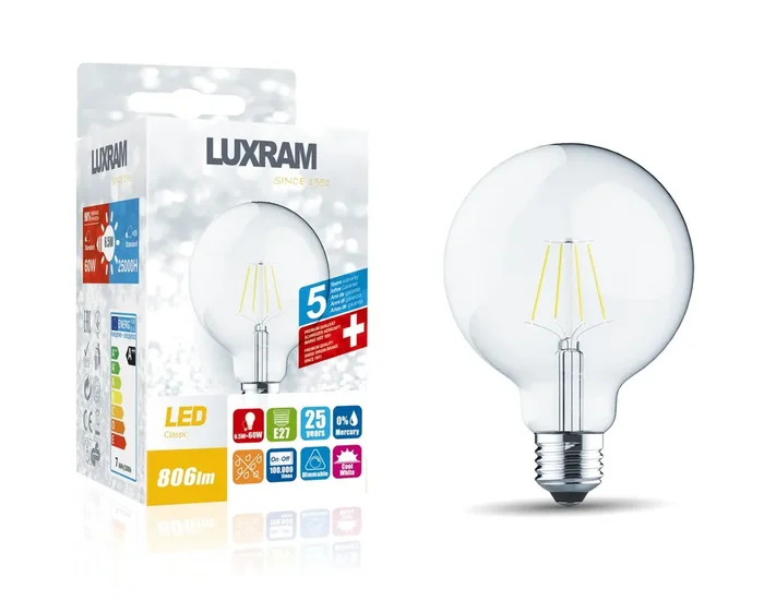 Luxram Classic LED Globe 95mm E27 6.5W 4000K Natural White 806lm Dimmable Clear Finish 3yrs Warranty • 1411223