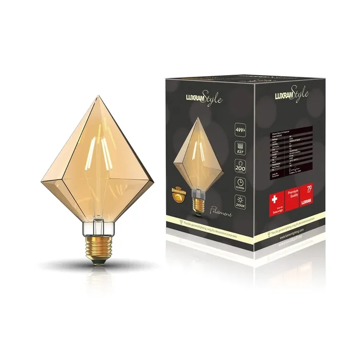 Luxram Classic Style LED Tri-Diamond E27 Dimmable 220-240V 4W 2100K, 200lm, Amber Finish, 3yrs Warranty • 4600292