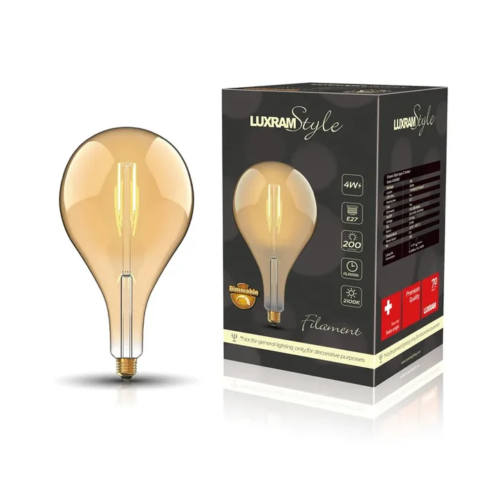 Luxram Classic Style LED Type C E27 Dimmable 220-240V 4W 2100K, 200lm, Amber Finish, 3yrs Warranty • 4300082