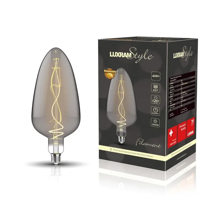 Luxram Classic Style LED Type G E27 Dimmable 220-240V 4W 2100K, 120lm, Smoke Finish, 3yrs Warranty • 4300141