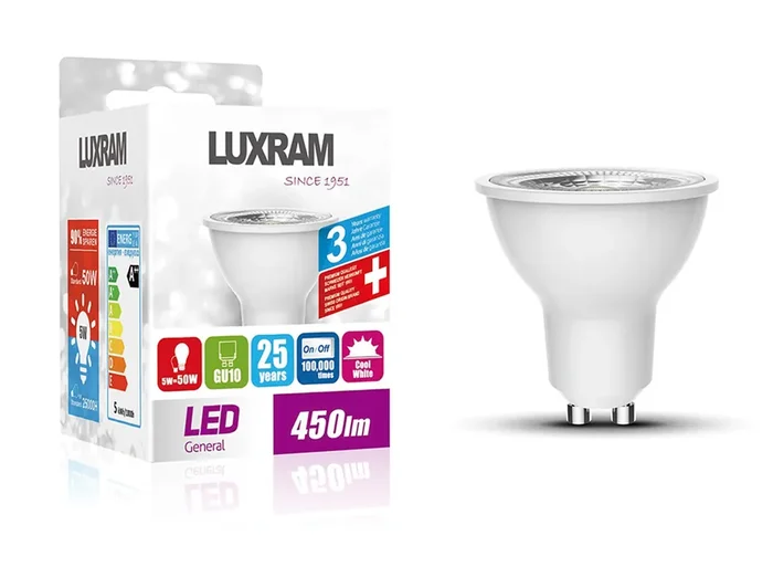 Luxram Duramax Medium Powered 5w LED Thermal Plastic GU10 Spot Lamp Bulb