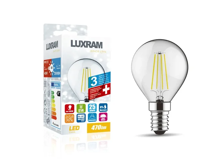 Luxram Value Classic LED Ball E14 Dimmable 4W 4000K Natural White, 470lm, Clear Finish, 3yrs Warranty • 1410803