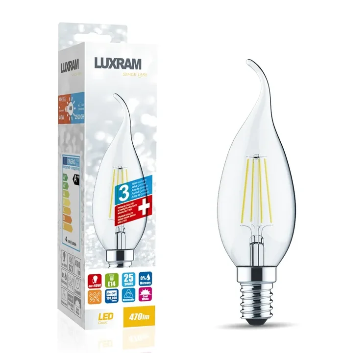 Luxram Value Classic LED Candle Tip E14 Dimmable 5.5W 4000K Natural White, 600lm, Clear Finish, 3yrs Warranty • 1411893