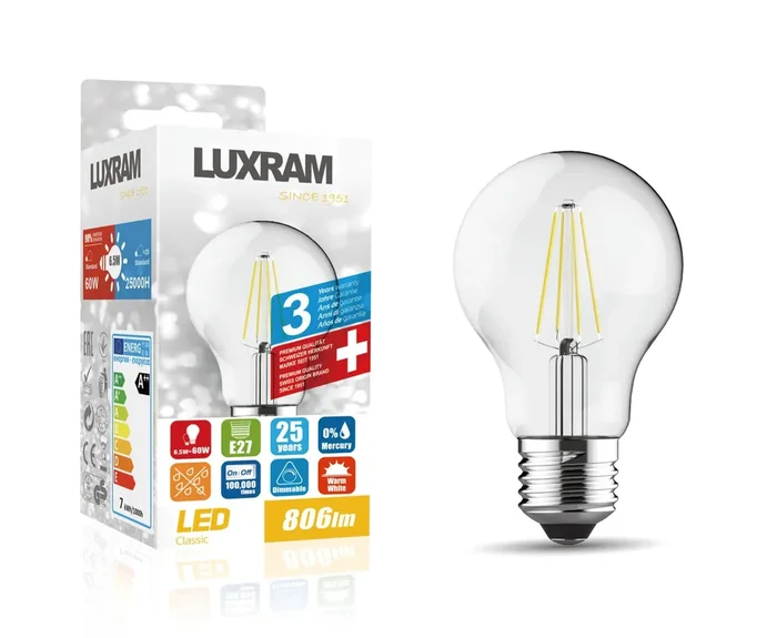 Luxram Value Classic LED GLS E27 Dimmable 6.5W 3000K Warm White, 806lm, Clear Finish, 3yrs Warranty • 1410112