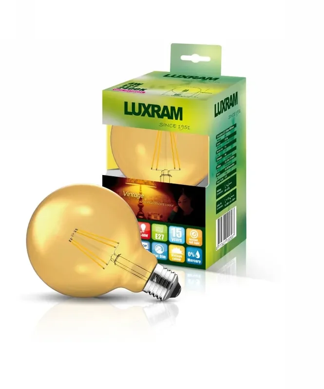 Luxram Value Vintage LED Globe 95mm E27 8W 2200K, 630lm, Gold Glass • 763727163