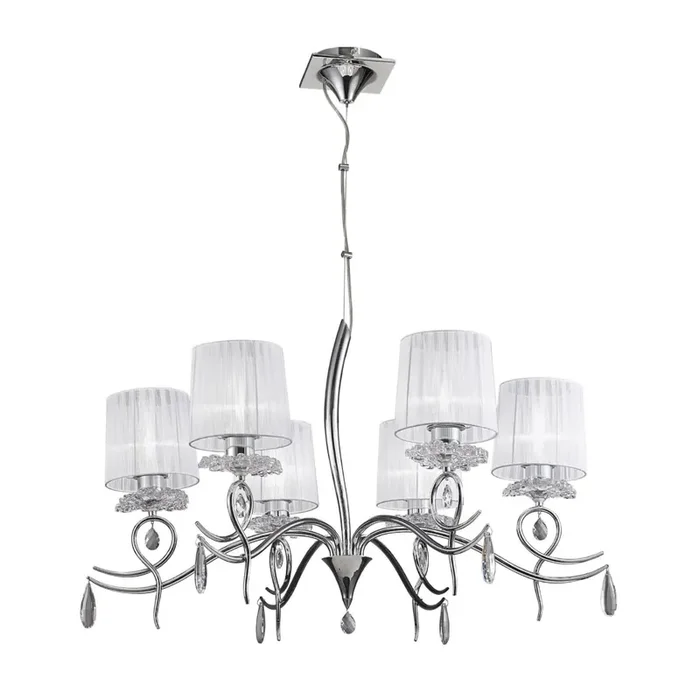 Mantra Louise Pendant 6 Light E27 With White Shades Polished Chrome / Clear Crystal • M5270
